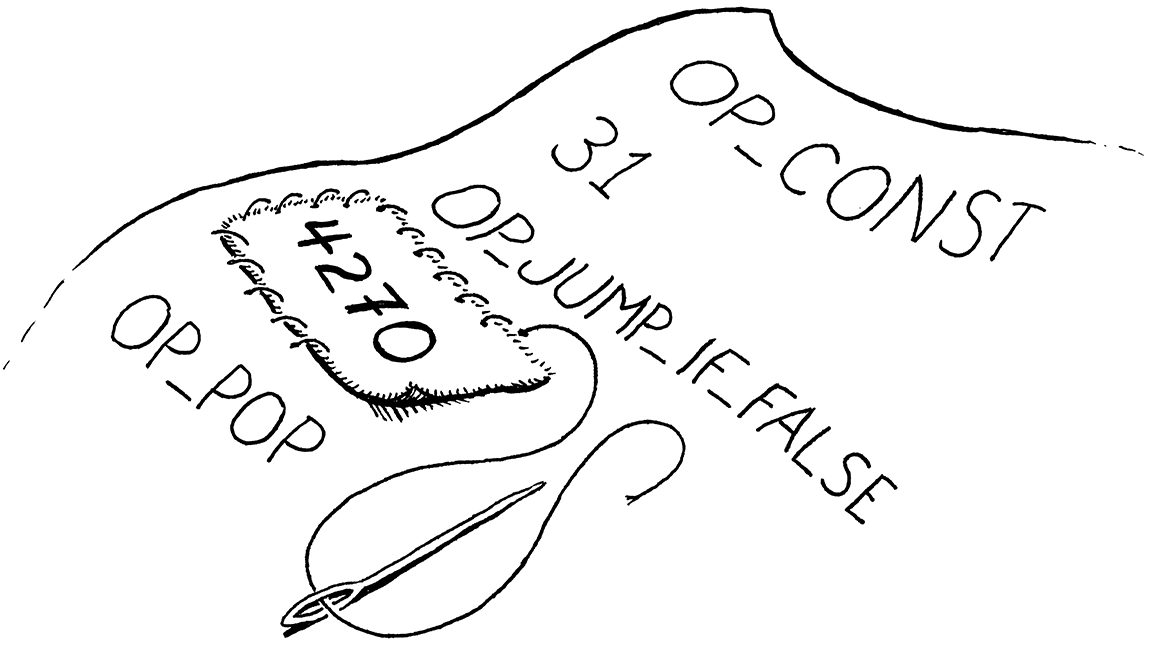 A patch containing a number being sewn onto a sheet of bytecode.